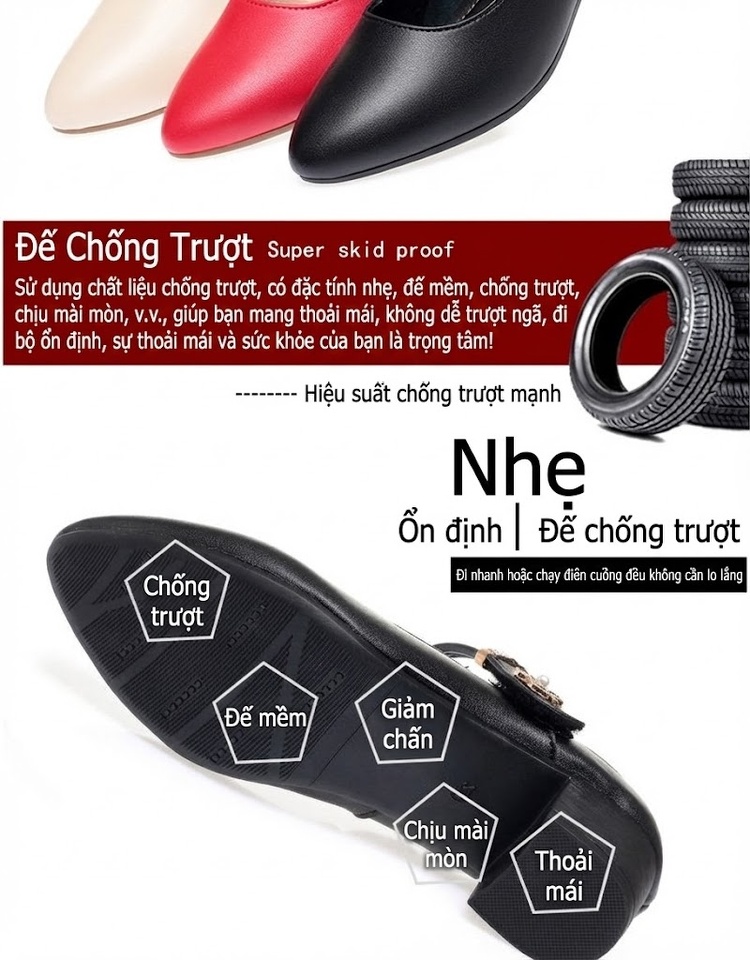 Giày Búp Bê Nữ Da Thật Quai Ngang Chiều Cao Đế Khoảng 4cm Màu Đen, Kem, Đỏ chi tiết 4