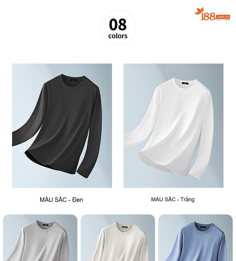 Áo Thun Dài Tay Nam Cotton Lụa Xử Lý Amoniac Màu Trắng, Kem, Nâu, Đen chi tiết 16