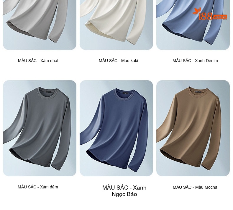 Áo Thun Dài Tay Nam Cotton Lụa Xử Lý Amoniac Màu Trắng, Kem, Nâu, Đen chi tiết 17