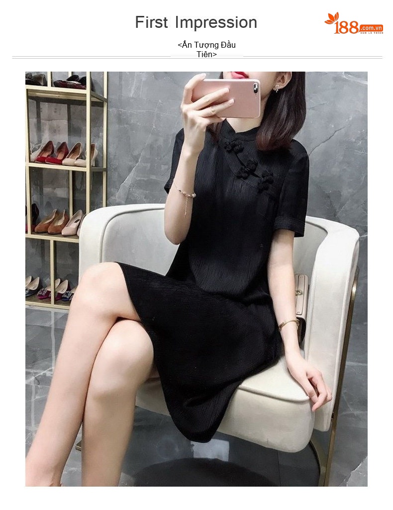 Váy Sườn Xám Cách Tân Thiết Kế Dáng Suông Ngắn Tay Phong Cách Tiểu Thư Màu Đen chi tiết 1