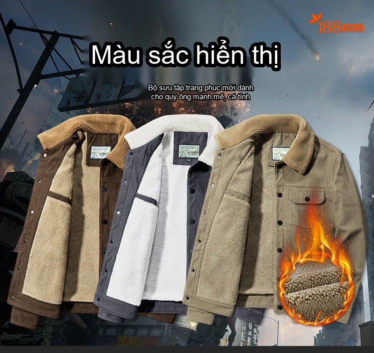 Áo Khoác Bông Nam Lót Lông Cừu Dáng Rộng Cổ Bẻ Màu Be, Nâu, Xám chi tiết 8