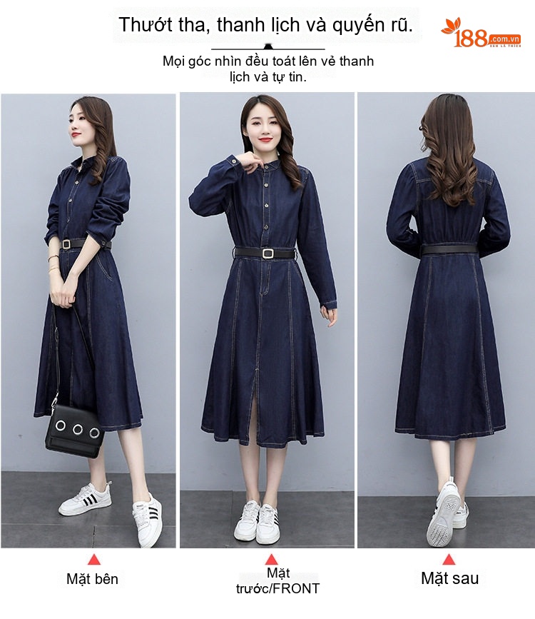 Váy Dài Tay Nữ Denim dáng chữ A Cổ Điển Thanh Lịch chi tiết 3