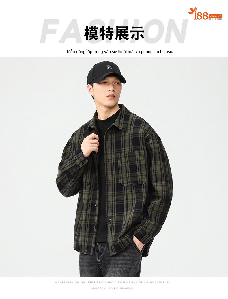 Áo Sơ Mi Tay Dài Nam Cotton Caro Mỹ Retro Phong Cách Công Sở Màu Xanh Rêu, Nâu chi tiết 5