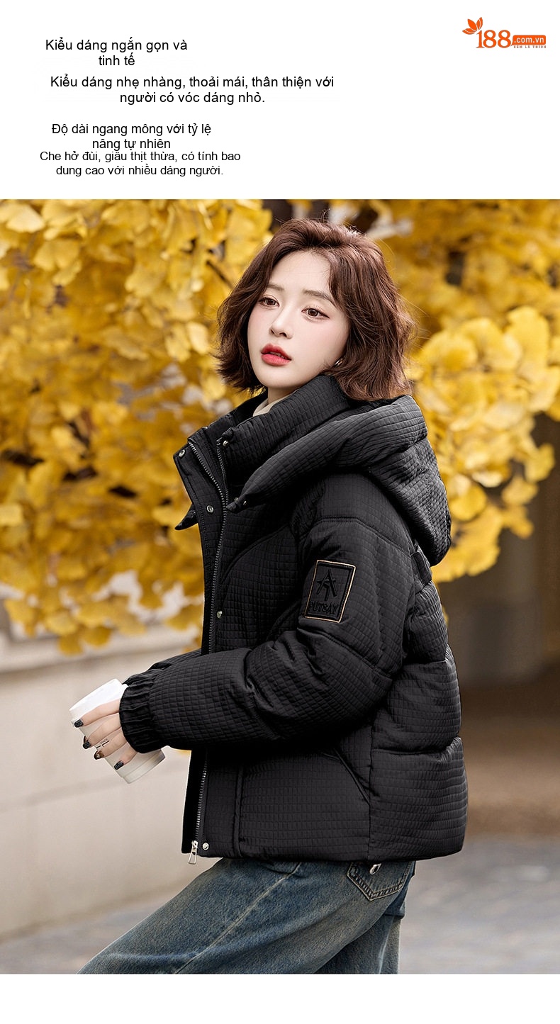Áo Khoác Phao Nữ Dáng Ngắn Cotton Dày Dặn Giữ Ấm Cổ Cao Có Mũ Trùm Đầu Màu Nâu, Đen chi tiết 5