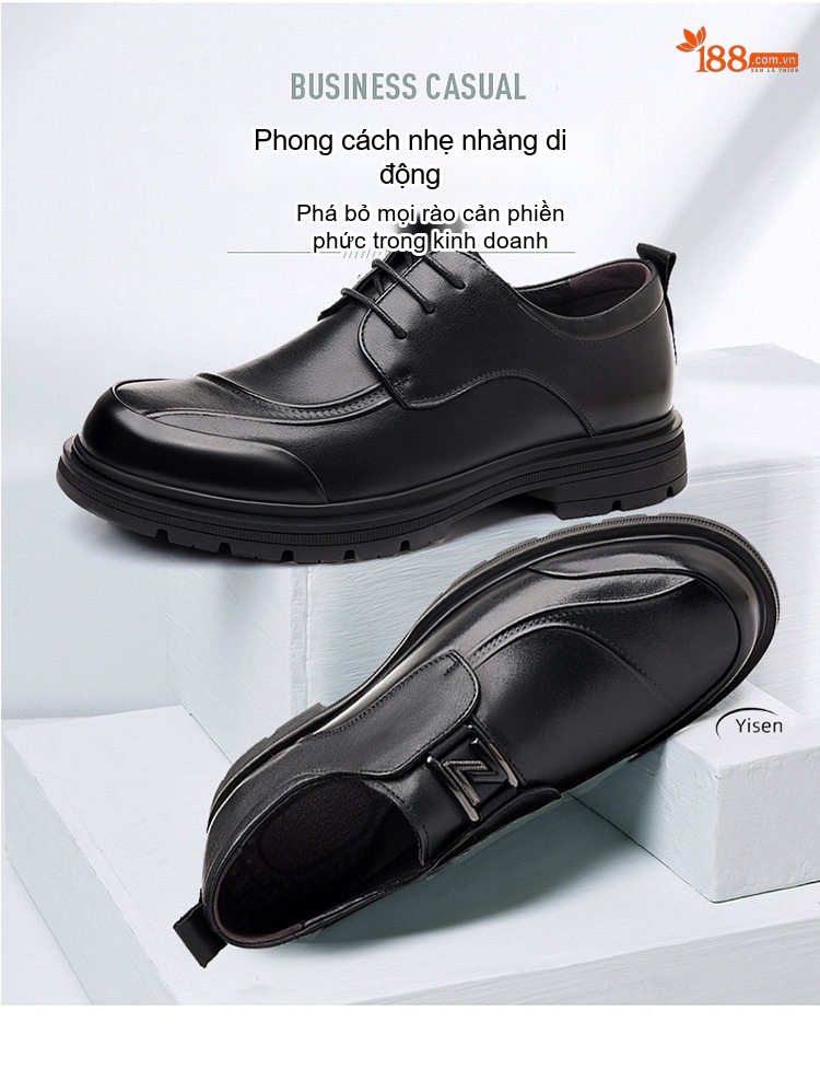 Giày Tây Buộc Dây Nam Da Bò Chiều Cao Đế Khoảng 3cm Màu Đen chi tiết 2