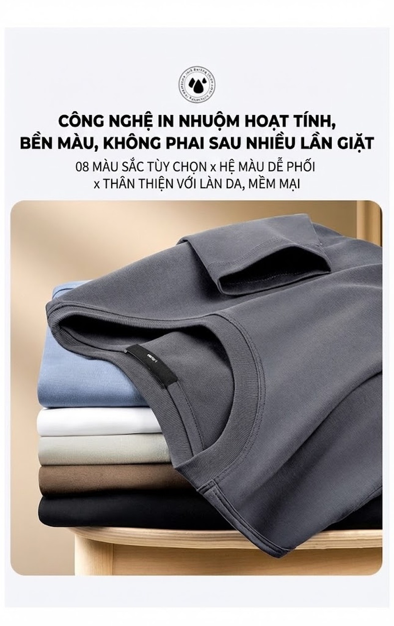 Áo Thun Dài Tay Nam Cotton Lụa Xử Lý Amoniac Màu Trắng, Kem, Nâu, Đen chi tiết 14
