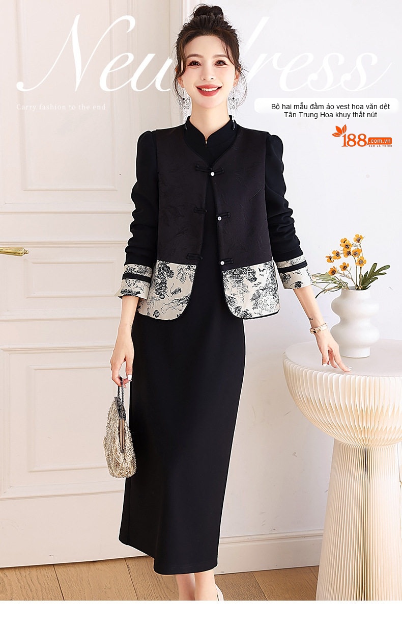 Set Áo Gile và Đầm Nữ Phong Cách Trung Hoa Cổ Điển chi tiết 1