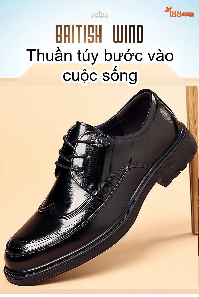 Giày Tây Đầu Tròn Nam Da Bò Chiều Cao Đế Khoảng 3cm Màu Đen, Nâu chi tiết 2