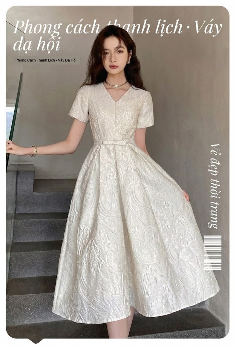 Váy Dạ Hội Nữ Tay Ngắn Dáng Xòe Tiểu Thư Phong Cách Pháp Màu Trắng Kem chi tiết 1