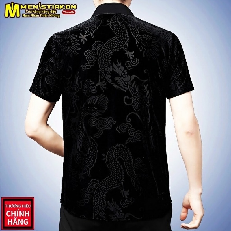Áo Sơ Mi Tay Ngắn Nam Gấm Nhung In Hình Rồng Phong Cách Trung Hoa Màu Đen