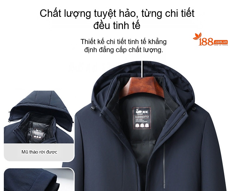 Áo Khoác Phao Nam Lông Ngỗng 90 Kiểu Dáng 5 in 1 Tháo Rời Mũ Màu Đen, Xanh Navy chi tiết 6