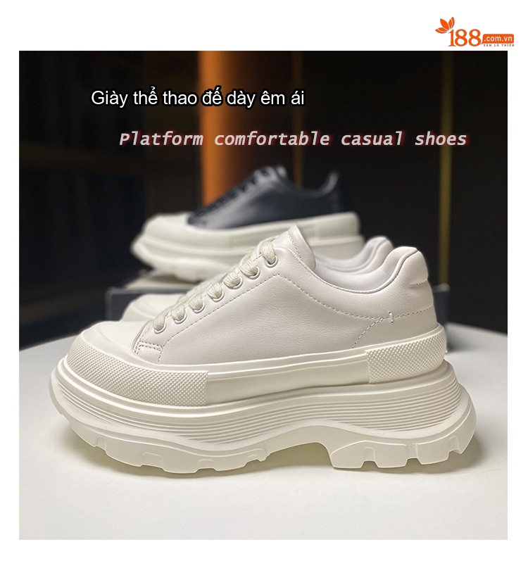Giày Sneaker Nữ Da Bò Đế Bánh Mì Chiều Cao Đế 5.5cm Màu Đen, Trắng chi tiết 1