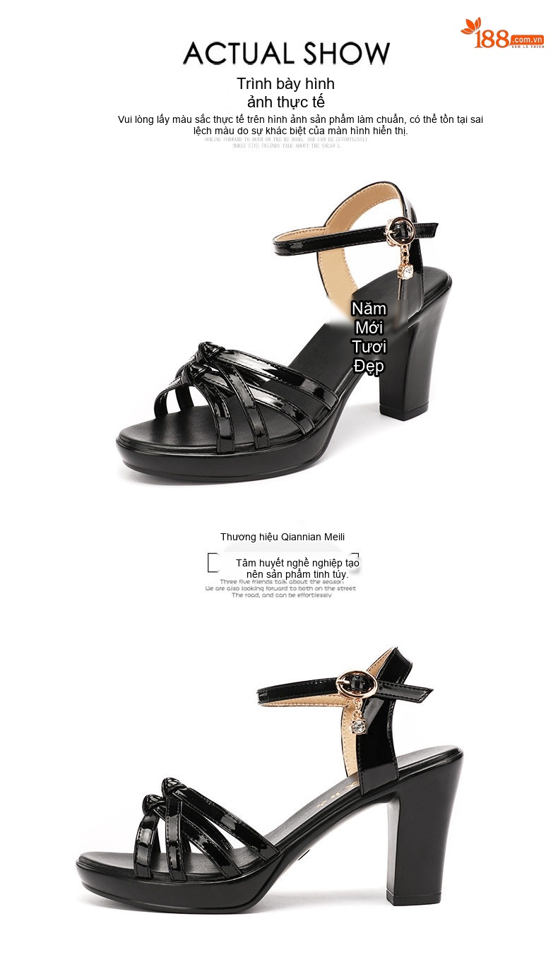 Giày Sandal Cao Gót Nữ Hở Ngón Quai Ngang Da Bóng Gót Cao 8cm Màu Đen, Đỏ, Trắng chi tiết 17