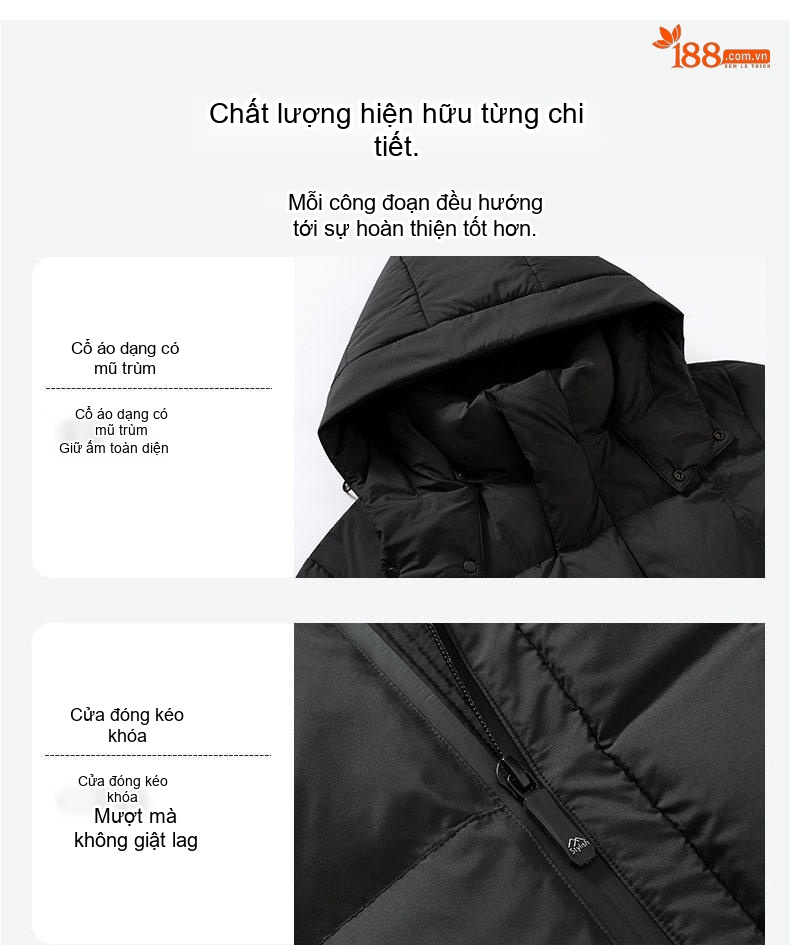 Áo Khoác Phao Nam Dáng Dài Có Mũ Trùm Đầu 90% Lông Vịt Trắng Dày Dặn Giữ Ấm Màu Đen, Kem chi tiết 14