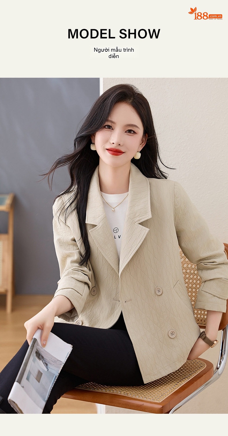 Áo Khoác Blazer Nữ Kiểu Hàn Quốc Dáng Ngắn Vải Gân Tăm Màu Be chi tiết 11