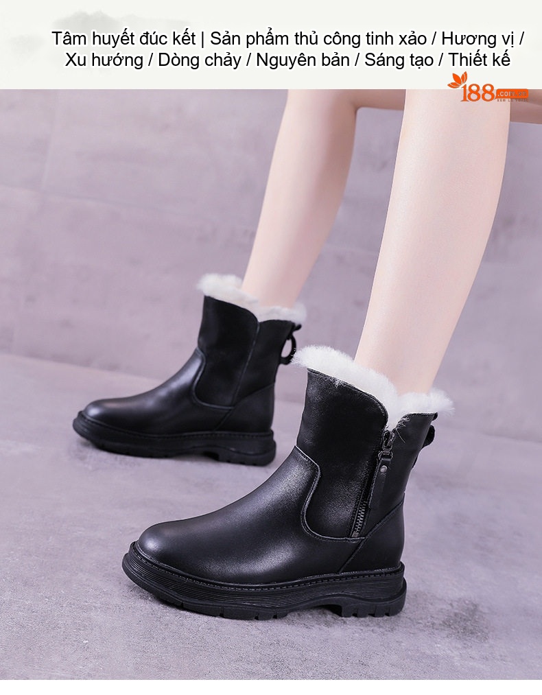 Boot Nữ Da Bóng Lót Lông Cừu Giữ Ấm Mùa Đông Chiều Cao Đế Khoảng 4cm Màu Đen chi tiết 1