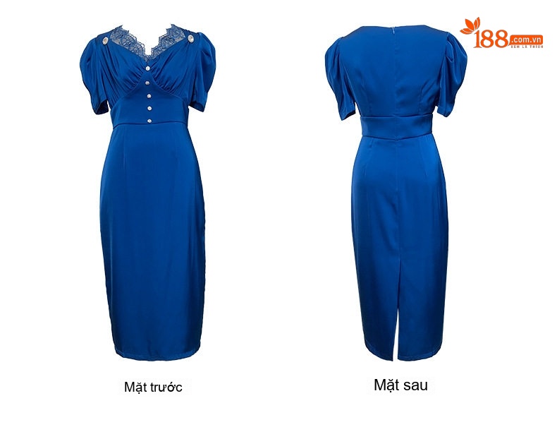 Đầm Ôm Body Cổ chữ V Ren Tay Ngắn Phong Cách Hepburn Màu Đen, Xanh chi tiết 7
