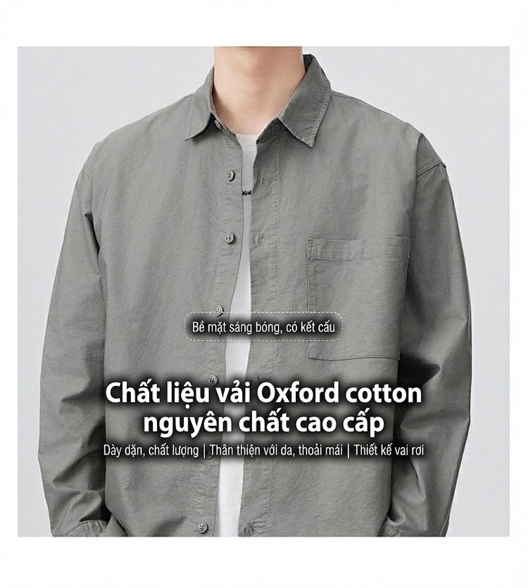 Áo Sơ Mi Nam Oxford Cotton Dáng Rộng Phong Cách Retro Màu Xám, Trắng, Nâu chi tiết 3