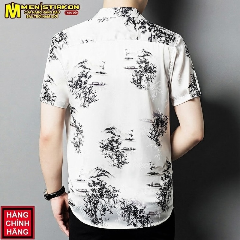 Áo Sơ Mi Nam Tay Ngắn Lụa Mô Phỏng Họa Tiết Tranh Sơn Thủy Phong Cách Trung Niên Màu Trắng, Đen