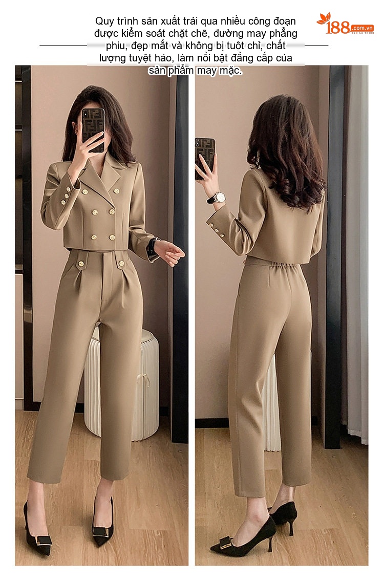 Bộ Vest Công Sở Nữ Dáng Ngắn Quần Dài/Chân Váy Màu Kaki, Đen, Xanh Dương chi tiết 11