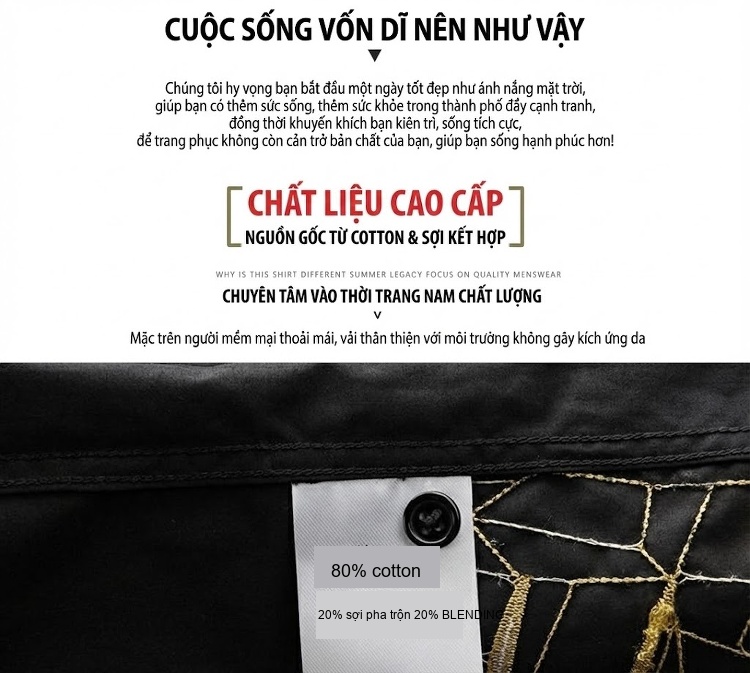 Áo Sơ Mi Tay Dài Nam Thêu Hoa Sen Vàng Phong Cách Âu Mỹ Màu Trắng, Đen chi tiết 4