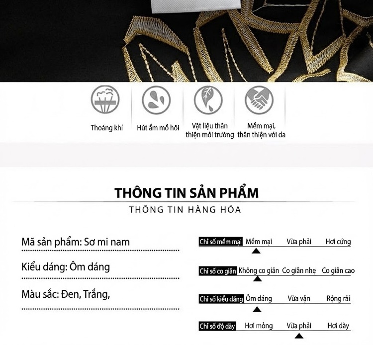 Áo Sơ Mi Tay Dài Nam Thêu Hoa Sen Vàng Phong Cách Âu Mỹ Màu Trắng, Đen chi tiết 5