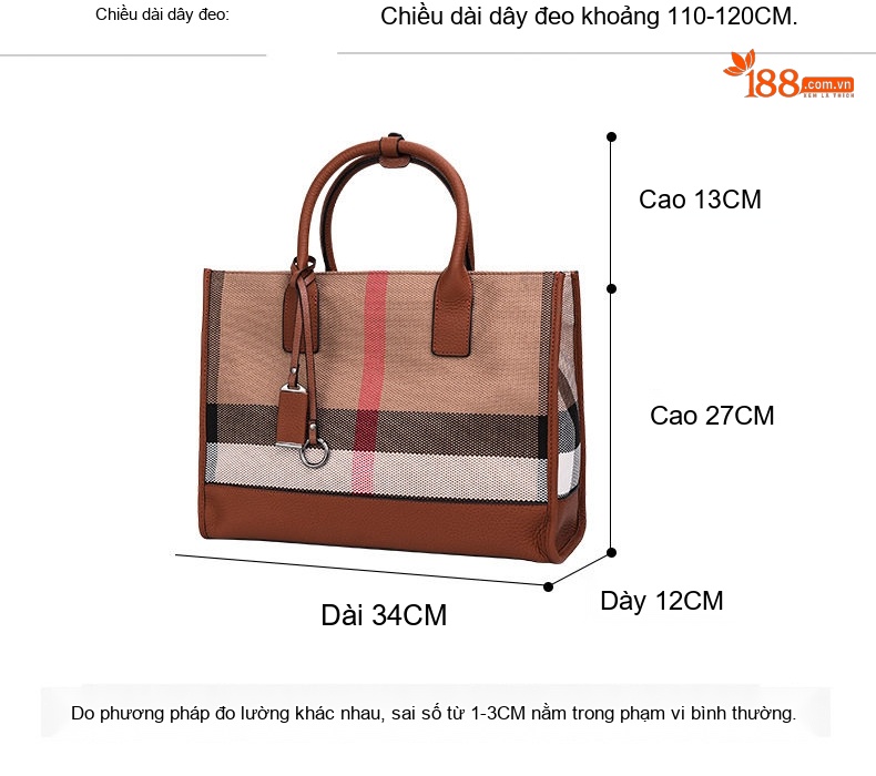 Túi Tote Nữ Vải Canvas Họa Tiết Kẻ Ô Cao Cấp Phối Da Màu Nâu chi tiết 3