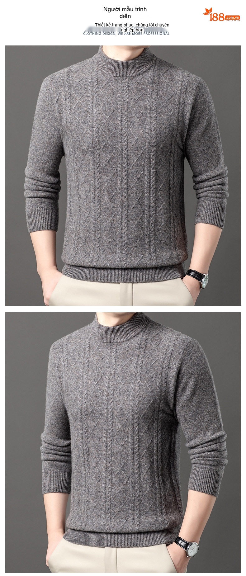 Áo Len Nam 100% Lông Cừu Cashmere Dệt Kim Cổ Bán Tròn Họa Tiết Màu Nâu, Xám, Xanh Đen... chi tiết 10
