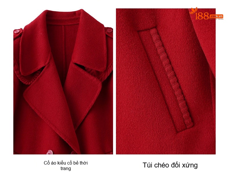 Áo Khoác Dạ Nữ Hai Mặt Dáng Ngắn Cổ chữ Vest Thời Trang Màu Đỏ, Nâu, Đen, Hồng chi tiết 10