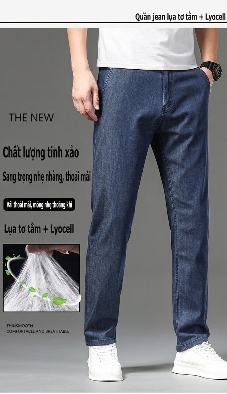 Quần Jeans Nam Ống Đứng Mỏng Co Giãn Nhẹ Thoải Mái Màu Xanh Đậm, Xanh Nhạt chi tiết 1