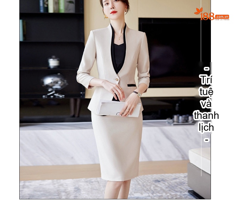 Áo Vest Bộ Chân Váy Công Sở Nữ Dáng Ôm Không Cổ Thiết Kế Giả Hai Lớp Màu Be, Đen chi tiết 5