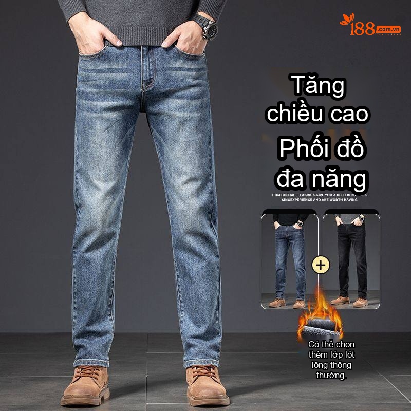 Quần Jean Nam Ống Đứng Co Giãn Lót Lông Cao Cấp Màu Xanh, Đen