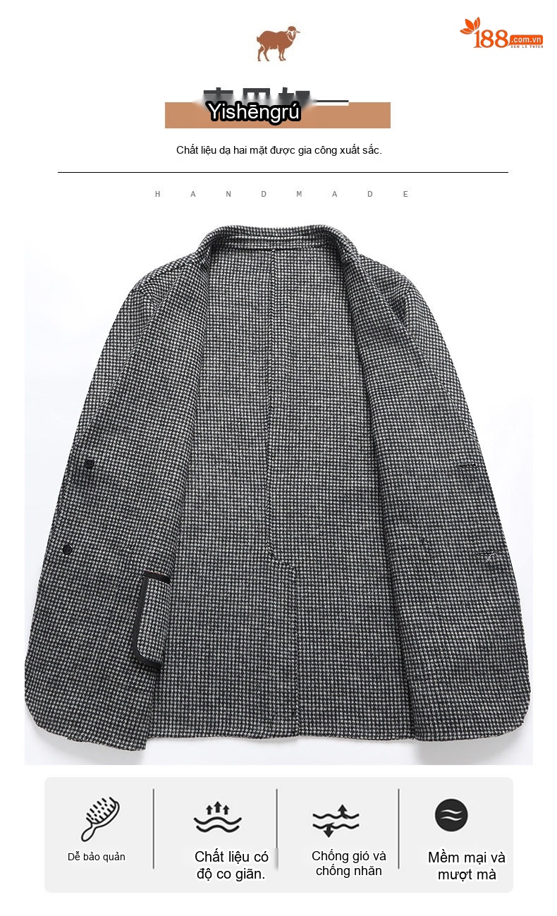 Áo Vest Nam Hai Mặt Dáng Ôm Họa Tiết Kẻ Houndstooth Lông Cừu Màu Nâu, Xám, Xanh Navy, Xám Đậm... chi tiết 12