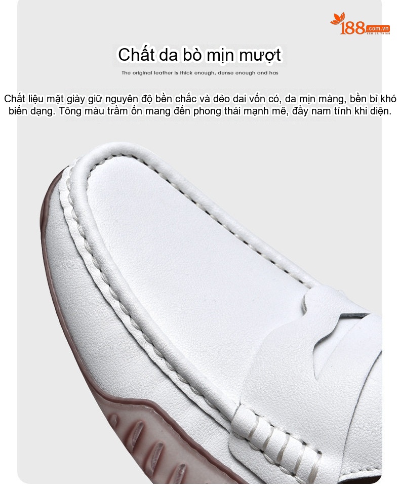 Giày Lười Nam Da Thật Thoáng Khí Chiều Cao Đế Khoảng 2cm Màu Đen, Nâu, Trắng chi tiết 8