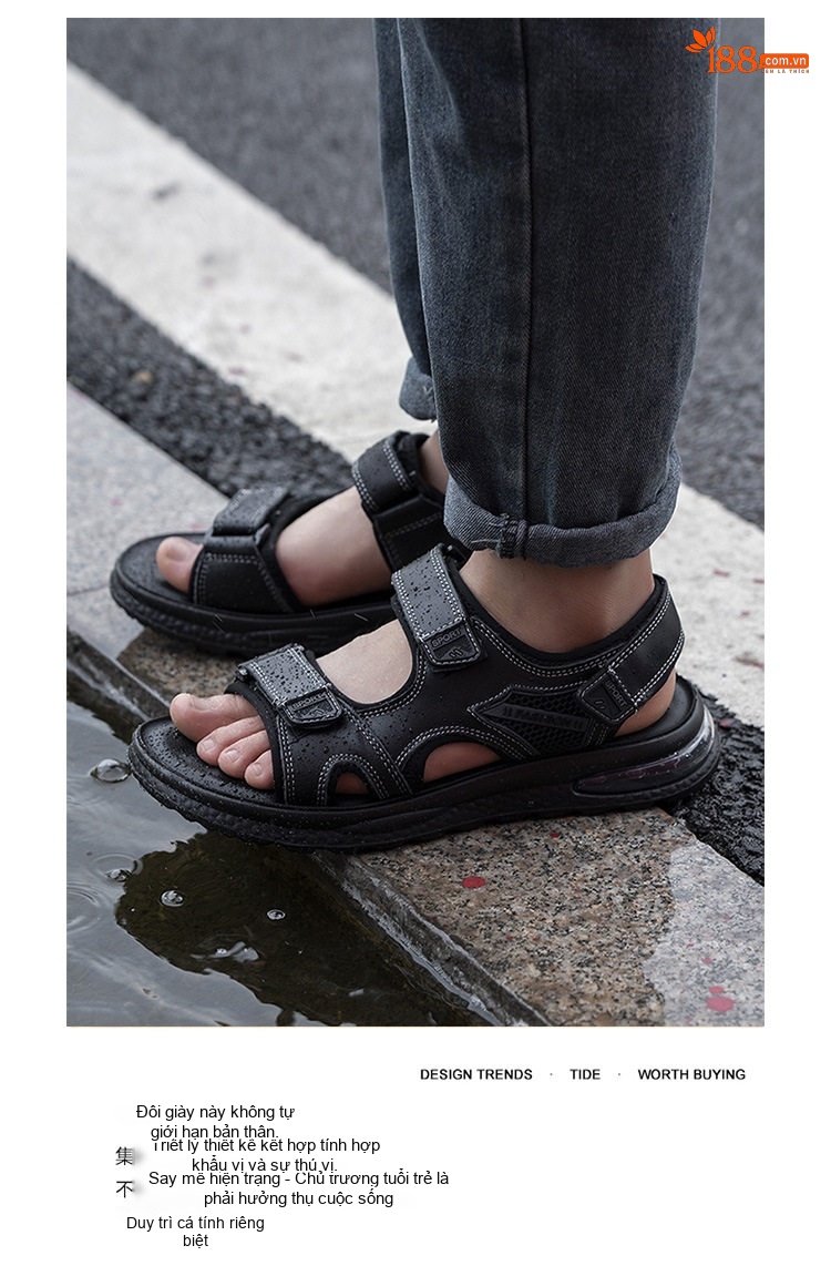 Dép Sandal Nam Quai Dán Mềm Mại Thoáng Khí Chống Trượt Chiều Cao Đế Khoảng 4cm Màu Đen chi tiết 1