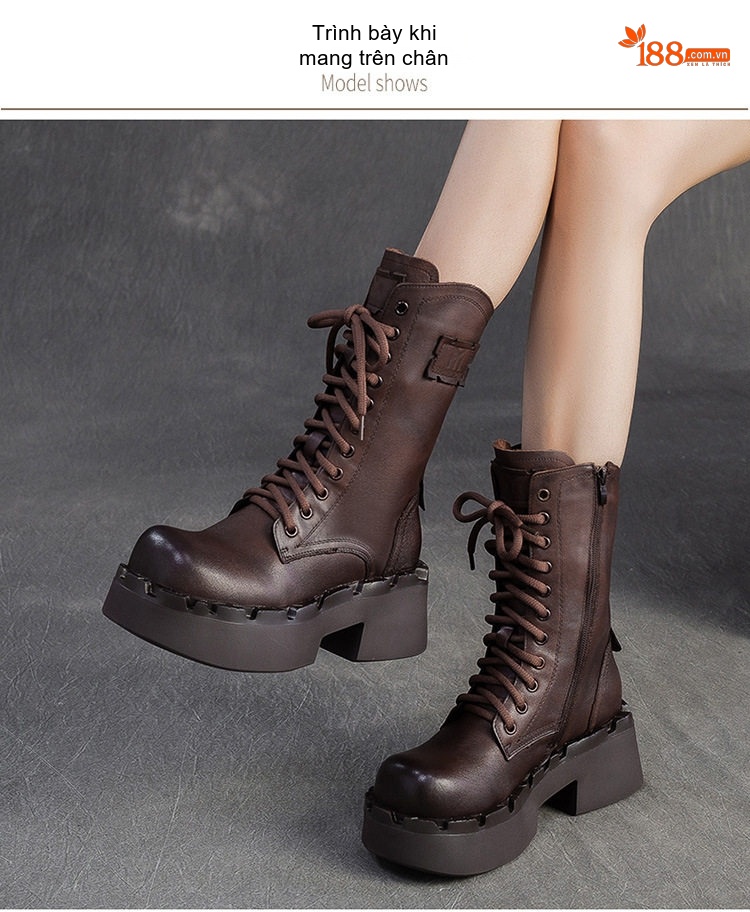 Boot Martin Nữ Da Bò Cổ Cao Tăng Chiều Cao Đế Khoảng 6cm Màu Đen, Nâu chi tiết 7