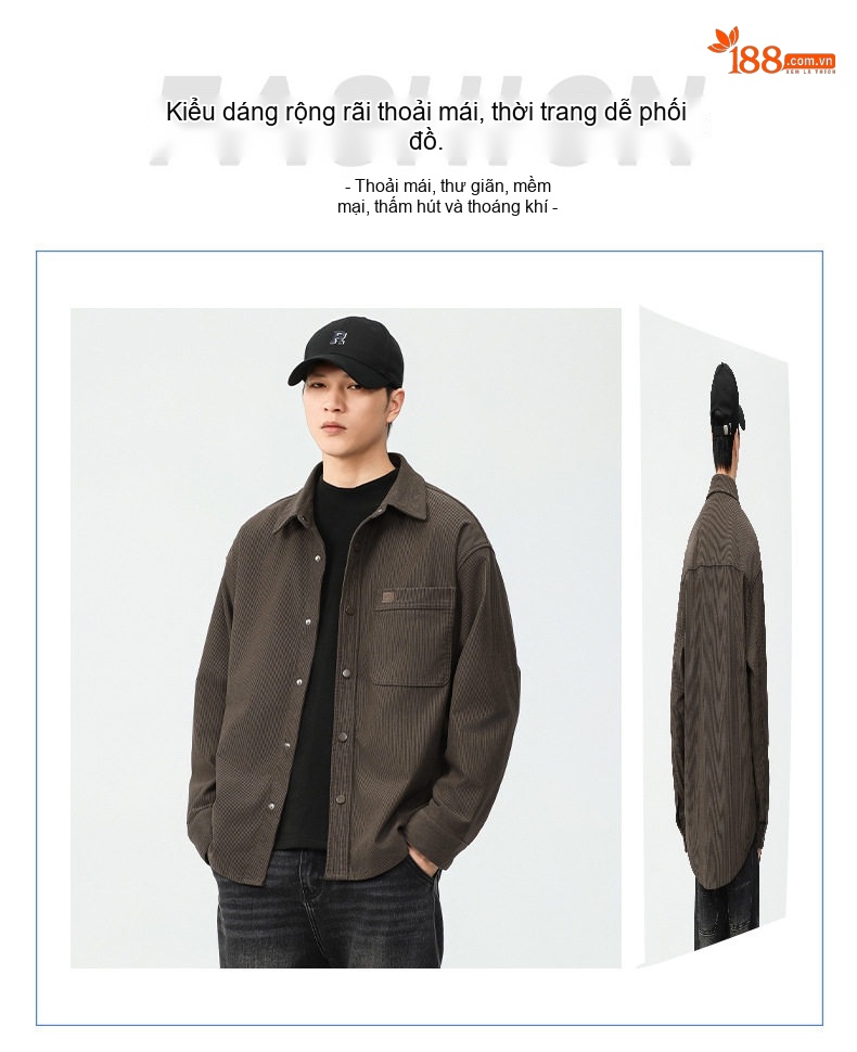 Áo Sơ Mi Nam Dài Tay Vải Cotton Nhung Gân 310g Phong Cách Retro Mỹ Form Rộng Màu Đen chi tiết 3