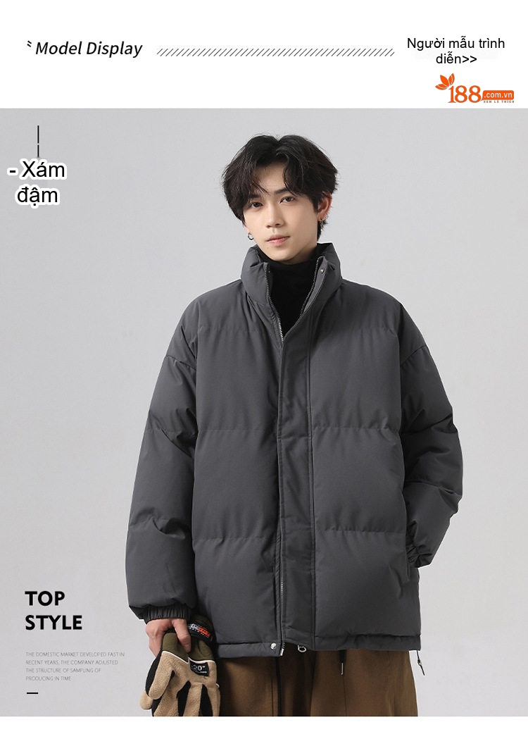 Áo Khoác Cotton Nam Nữ Dáng Rộng Cổ Trụ Chống Thấm Nước Mùa Đông Màu Xám Đậm, Tím, Đỏ, Xanh Lá... chi tiết 13