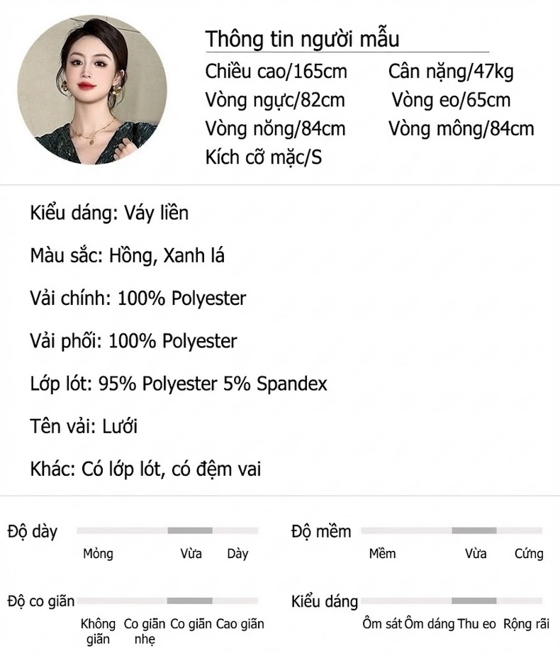Váy Ngắn Nữ Cổ chữ V Tay Dài Lưng Cao Dáng Chữ A Chất Lưới Màu Xanh, Hồng chi tiết 2