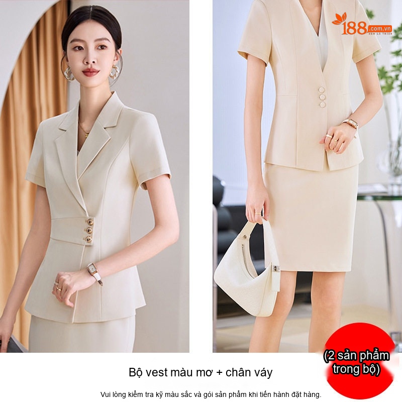 Bộ Vest Công Sở Nữ Tay Ngắn Màu Xanh Navy, Xám, Kem