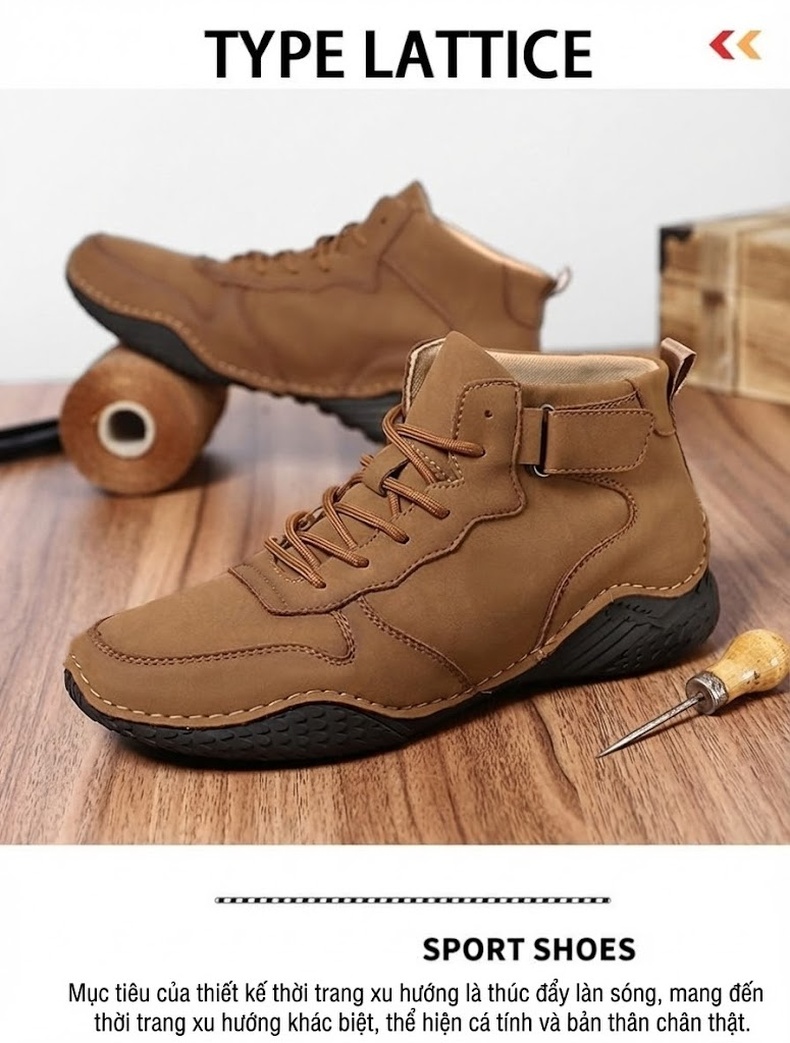 Giày Boot Nam Cổ Cao Dây Buộc Phong Cách Martin Chiều Cao Đế Khoảng 3cm Màu Nâu, Đen chi tiết 5