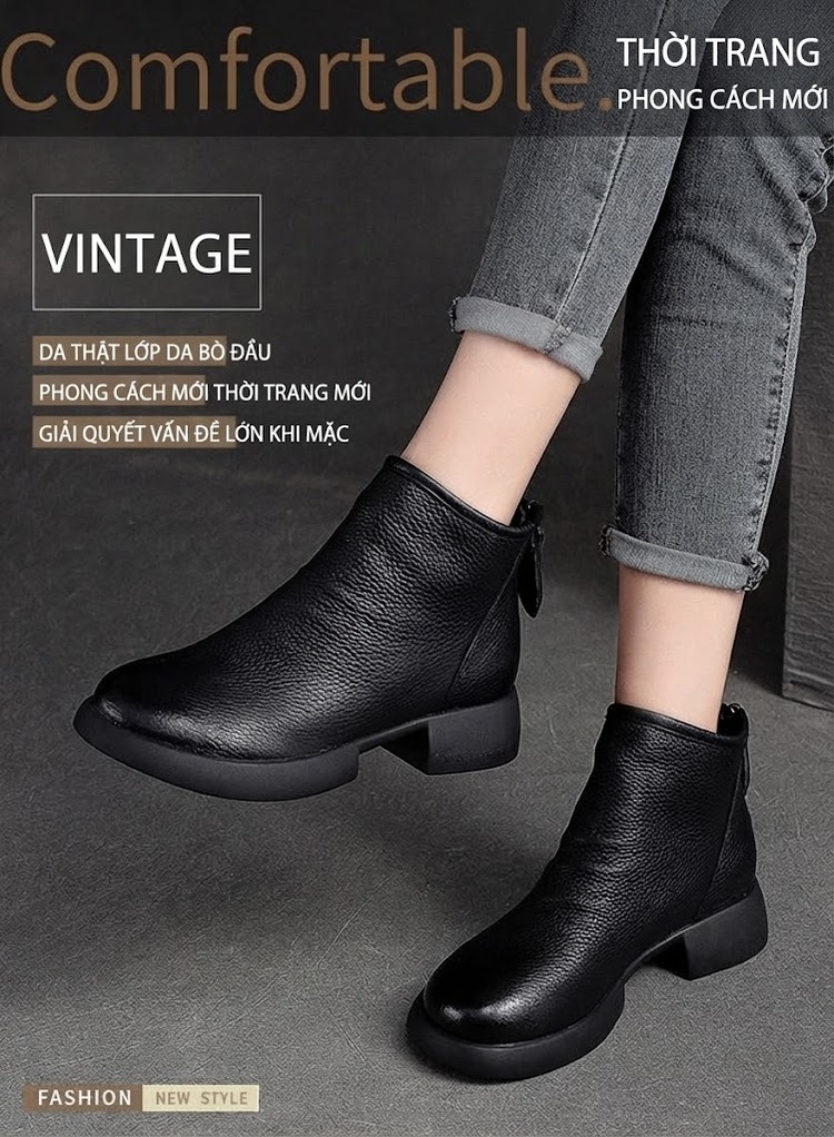 Boot Nữ Cao Cổ Da Bò Đế Bằng Chiều Cao Đế Khoảng 3cm Màu Đen, Nâu chi tiết 1
