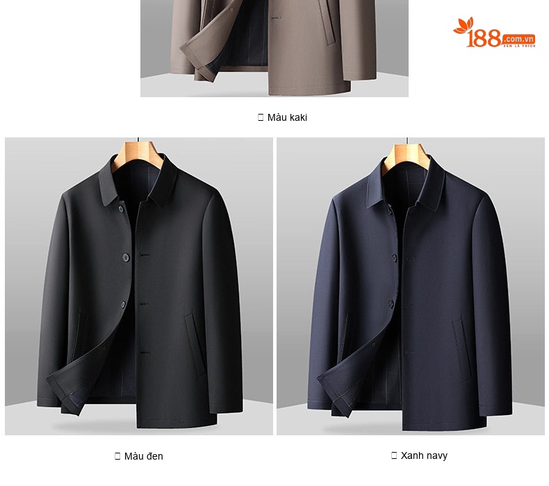 Áo Khoác Nam Vải Chéo Cotton Dáng Dài Vừa Khuy Cài Màu Nâu, Xanh Navy chi tiết 8