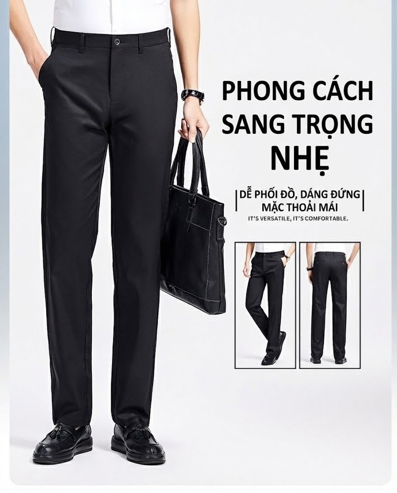Quần Tây Nam Lụa Tencel Mỏng Chống Nhăn Co Giãn Dáng Ôm Màu Đen chi tiết 1
