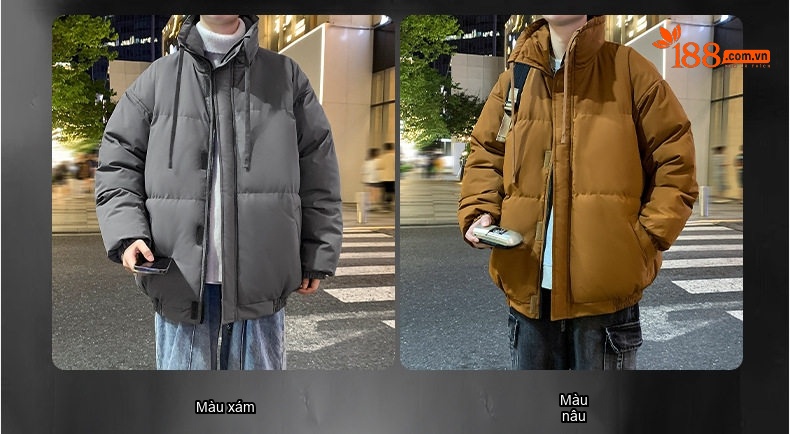 Áo Khoác Phao Nam Nữ Cổ Đứng Size Lớn M-8XL Lót Cotton Dày Dặn Màu Đen, Nâu, Xám, Trắng... chi tiết 2