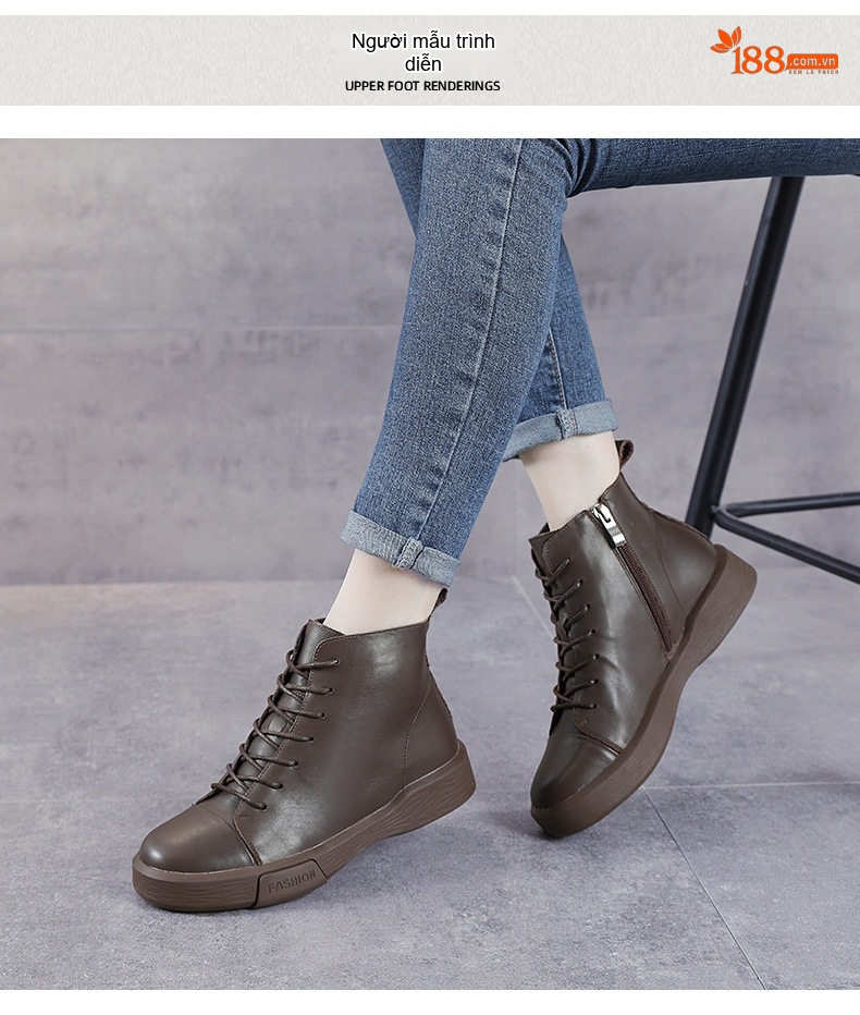 Boot Nữ Da Bò Cổ Lửng Khóa Bên Hông Chiều Cao Đế Khoảng 3cm Màu Đen, Nâu chi tiết 11