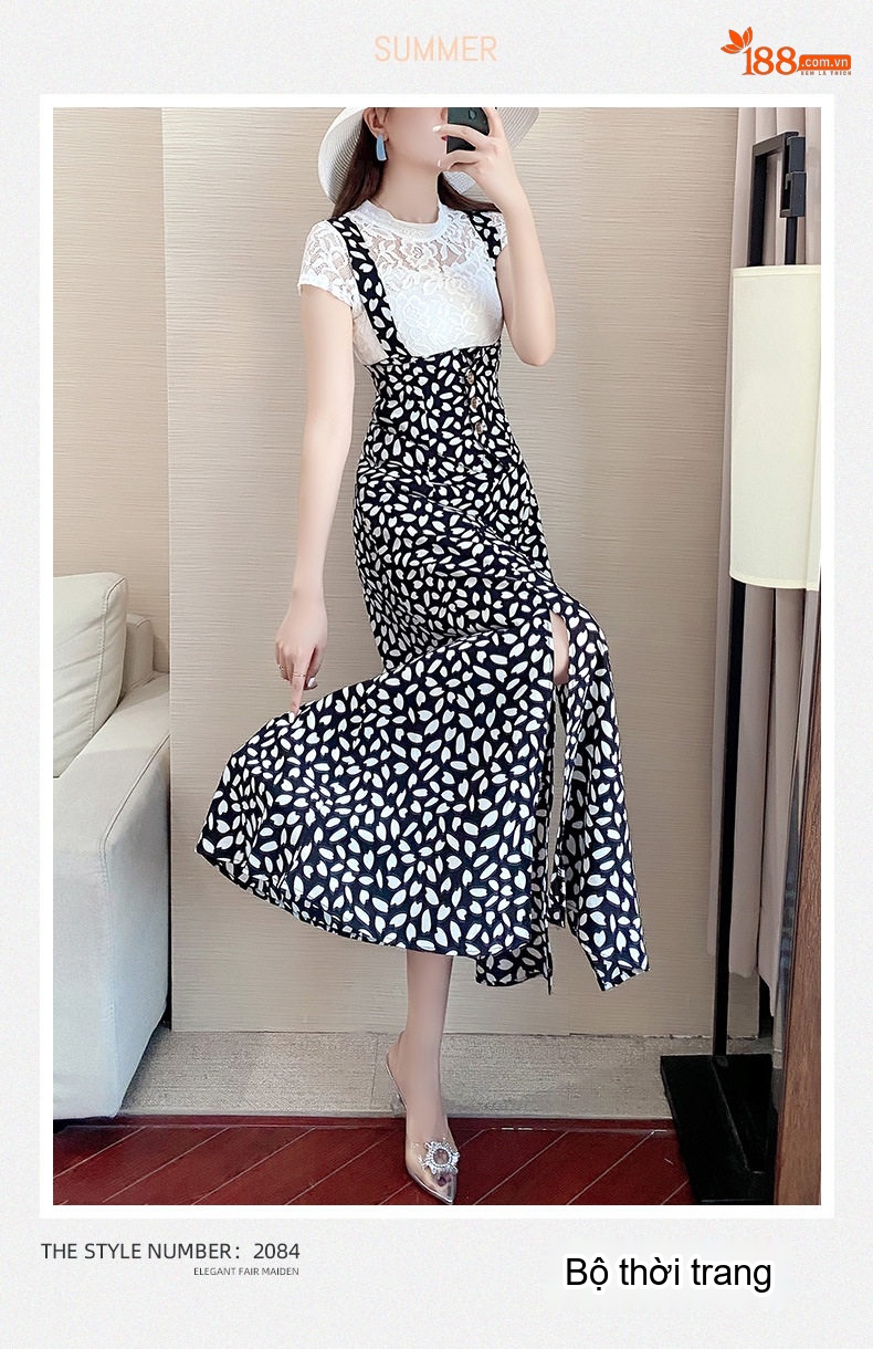 Set Áo Ren Tay Ngắn và Váy Yếm Dài Họa Tiết chi tiết 1