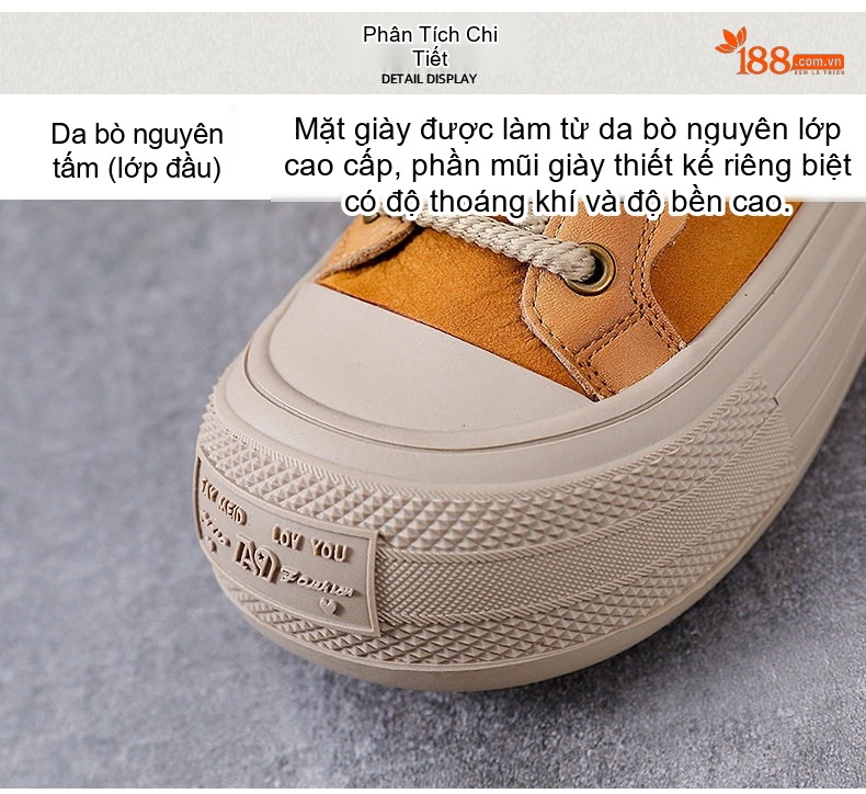 Giày Cao Cổ Nữ Da Bò Đế Bánh Mì Chiều Cao Đế Khoảng 4cm Màu Vàng, Nâu, Đỏ chi tiết 6