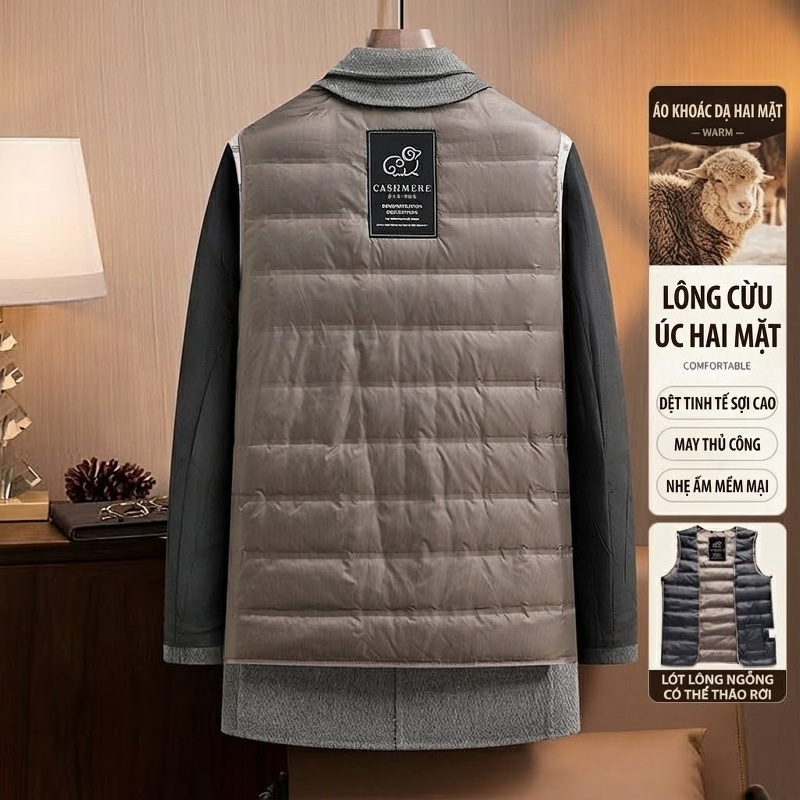 Áo Khoác Dạ Nam Lông Vũ Lót Trong Tháo Rời Phong Cách Business Casual Màu Xám