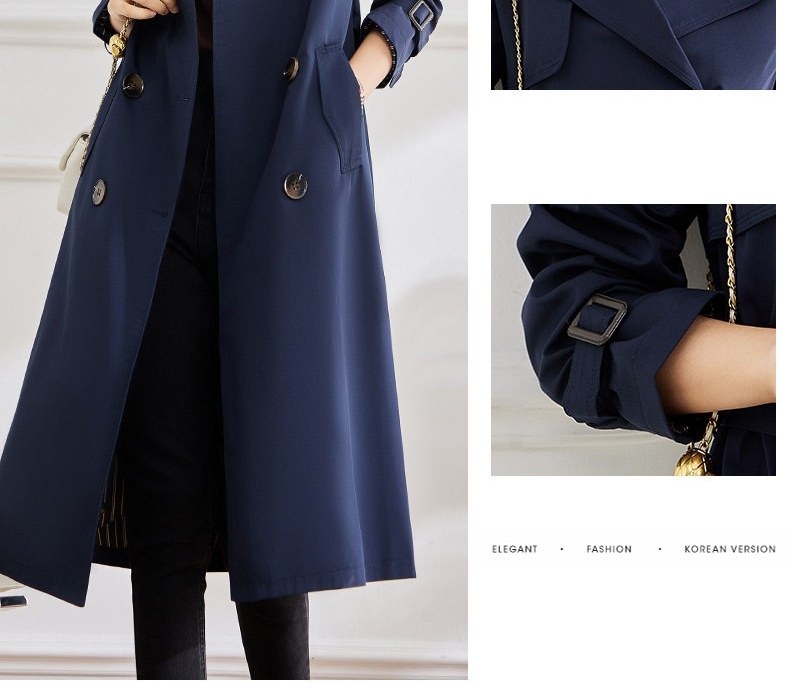 Áo Khoác Trench Coat Nữ Dáng Dài Thiết Kế Thời Trang Phong Cách Anh Màu Xanh Navy chi tiết 3